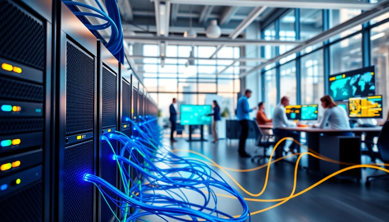 Understand network infrastructure in a professional office setting with connected devices and dynamic visuals.