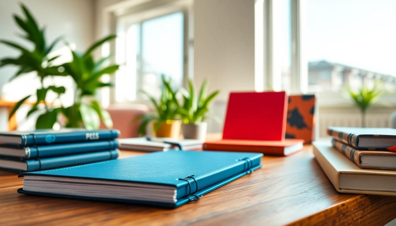 Showcasing custom notebooks with vibrant designs on a wooden desk, inviting creativity and inspiration.