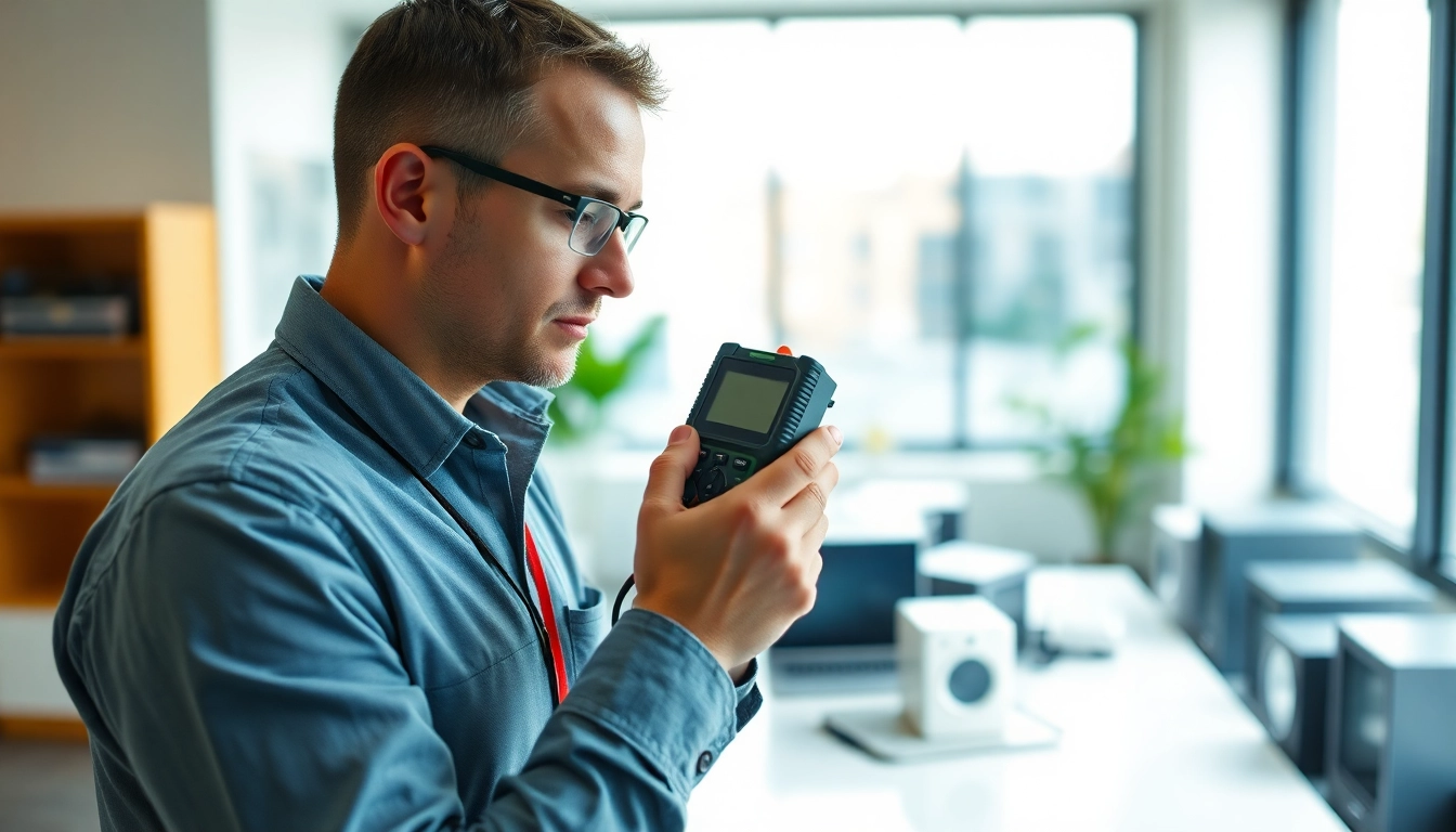 Conducting Pat testing Cannock with a professional engineer inspecting appliances in a bright office.