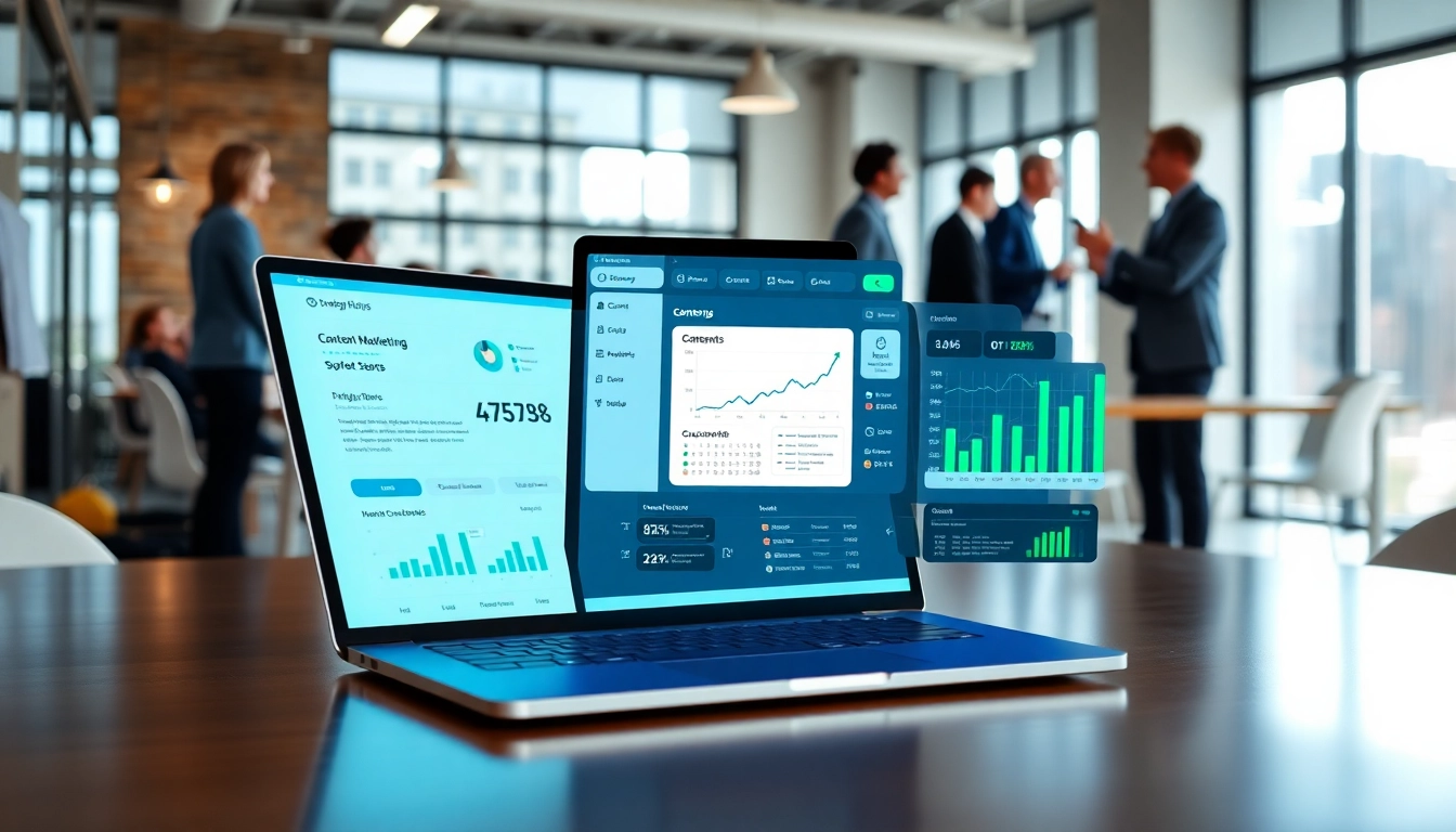 Visual representation of AI content marketing platform illustrating its features and a modern workspace.
