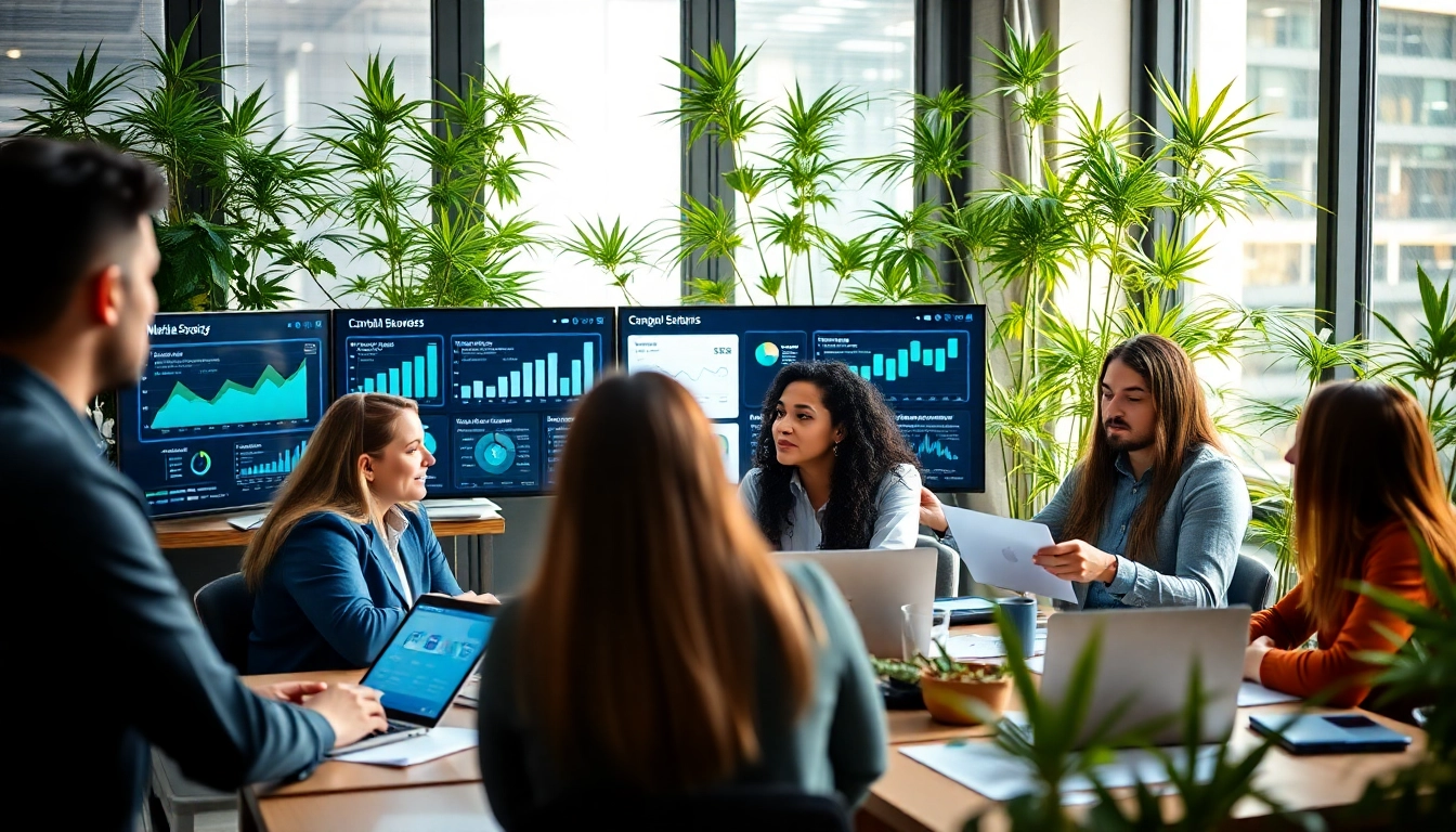 Highlighting a cannabis marketing agency team collaborating in a modern office setting.