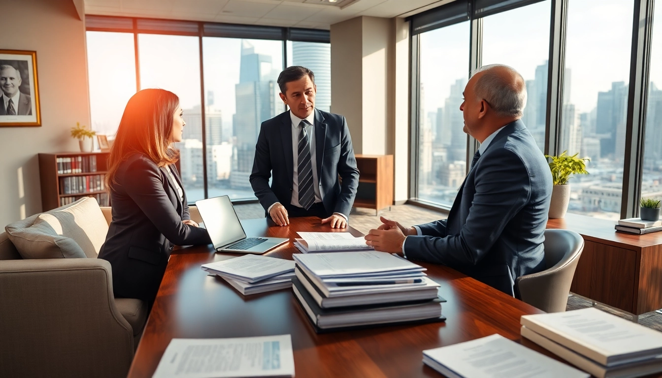Eminent domain lawyer advising clients in a modern office setting with legal documents.