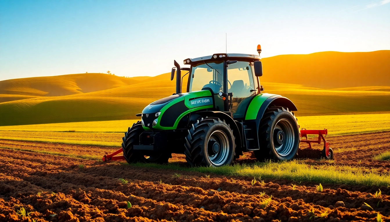 Deutz Fahr Traktor pflügt das Feld unter warmem Sonnenlicht mit effizientem Design.