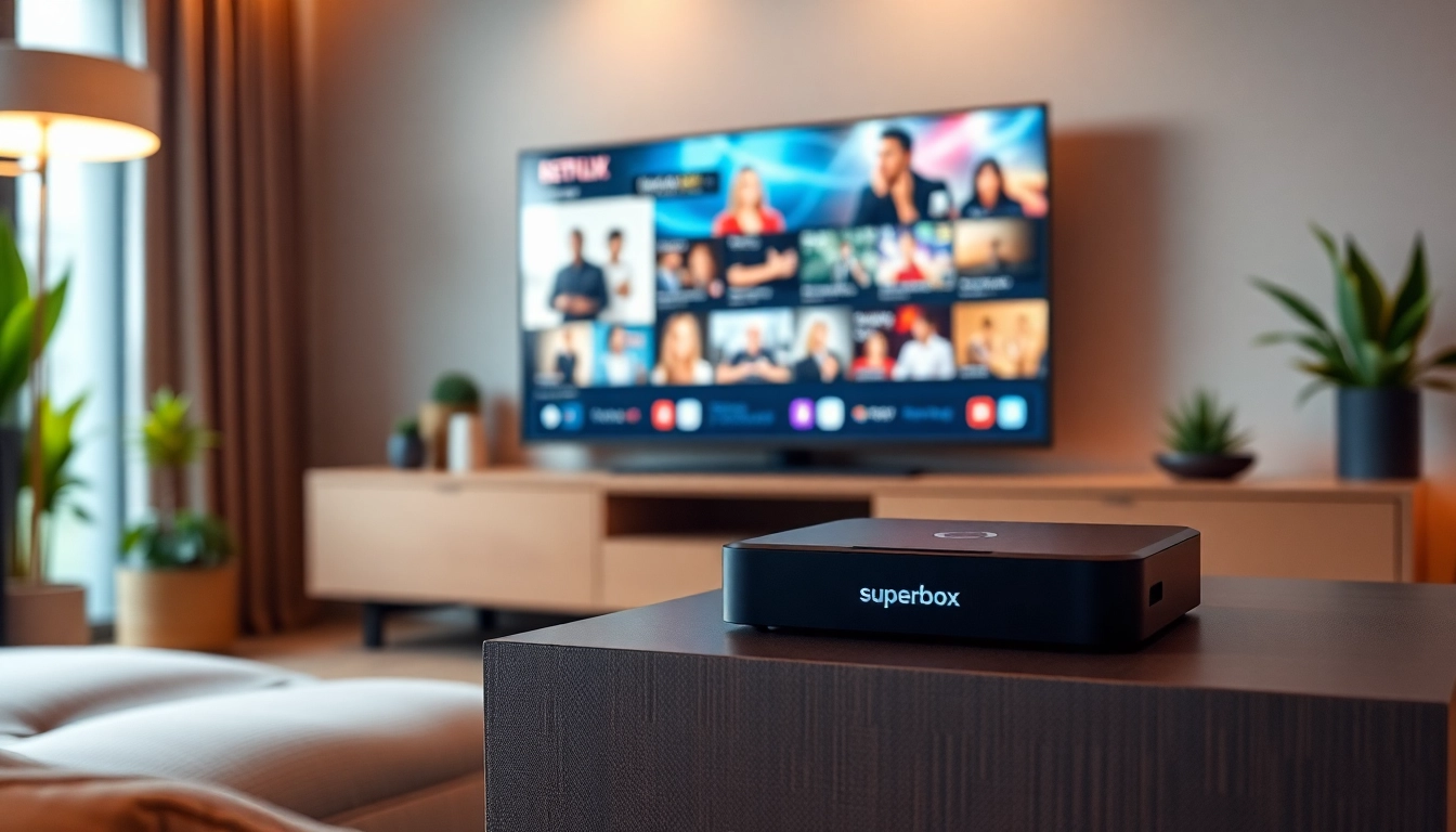 Highlighting the ultra-modern superbox tv box in a stylish living room during a cozy evening.