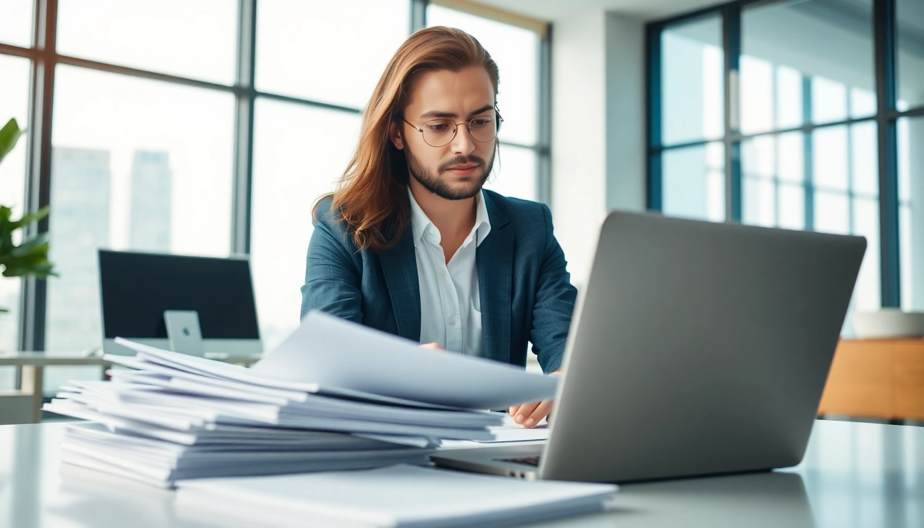 Engaging property manager overseeing rental property management tasks in a bright office.