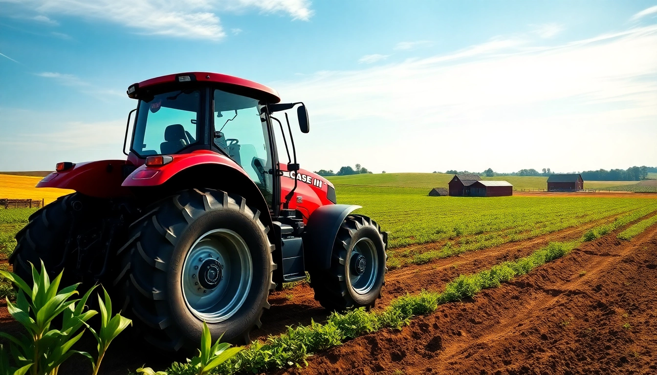 Case-ih Traktor in einem malerischen ländlichen Umfeld mit lebendigen Farben.