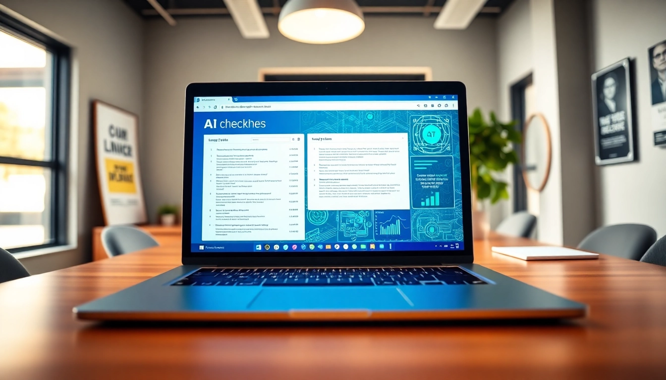 Analyze text with an ai checker using a sleek digital interface in a professional workspace.