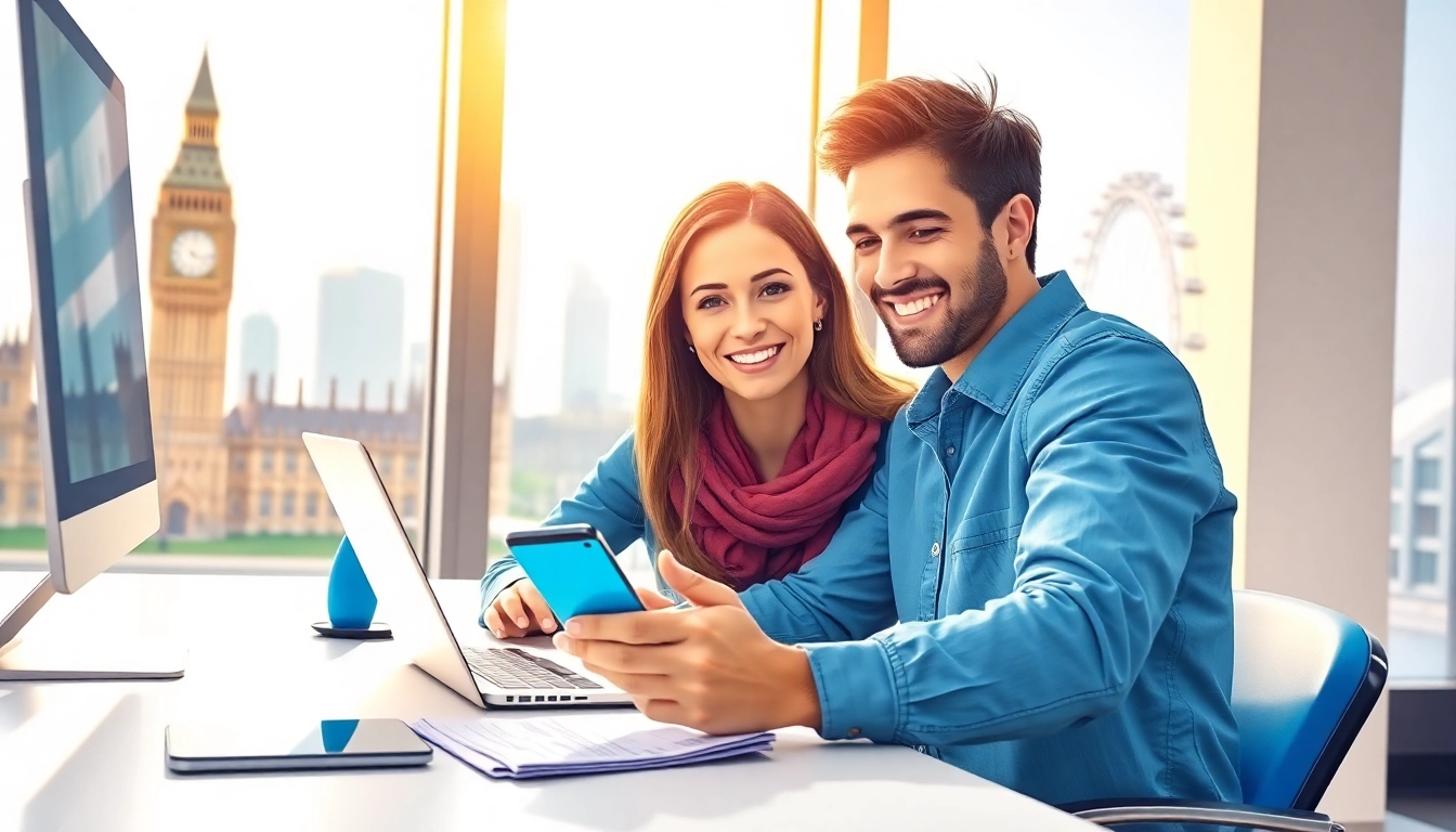 Complete your uk eta online application with ease, featuring a traveler happily filling out forms at a modern desk.