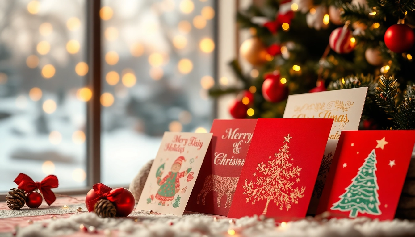 Showcase of next day Xmas cards beautifully arranged in a festive setting.