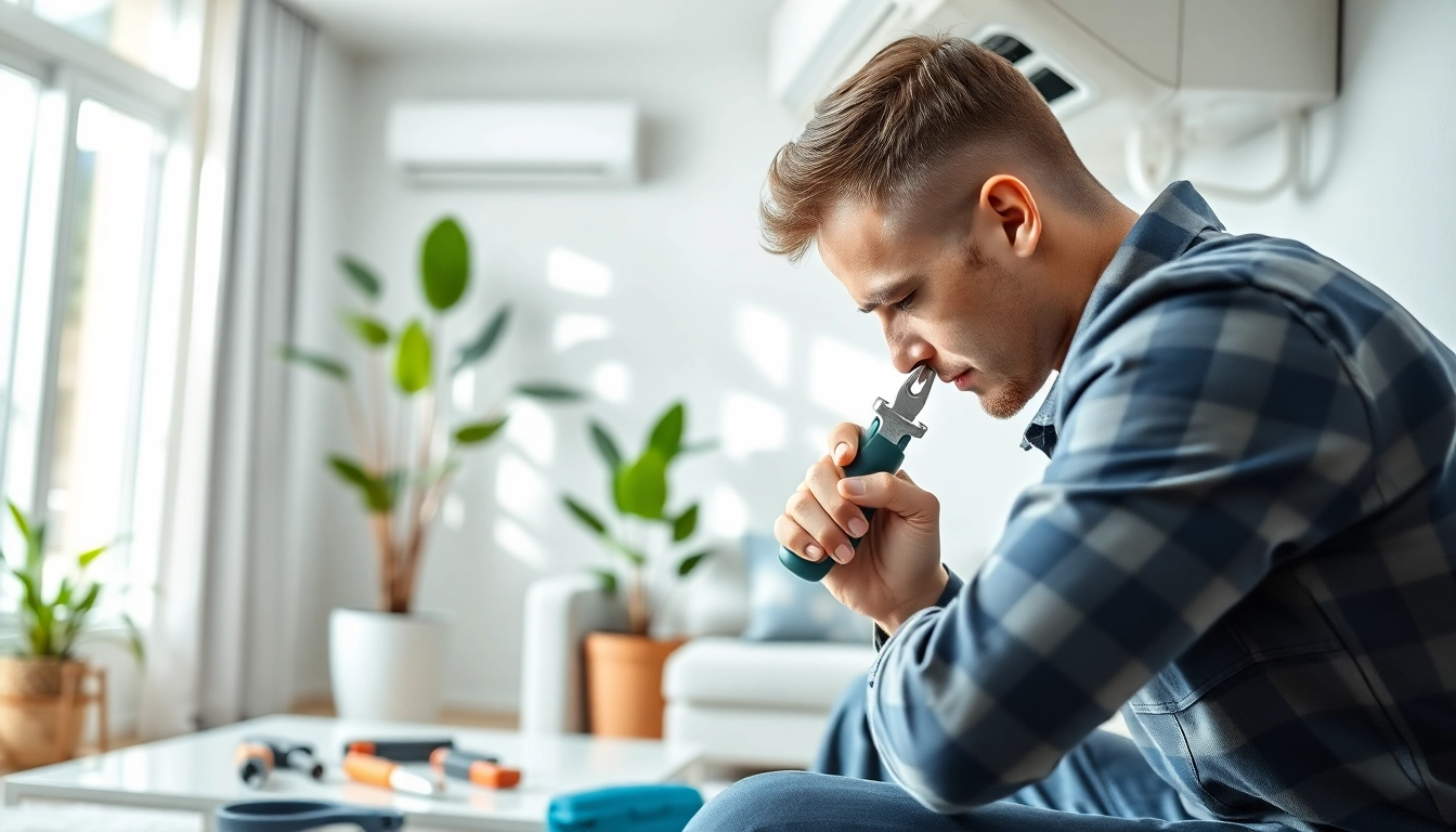 Technician conducting ac repair glendale az in a modern living room setting.
