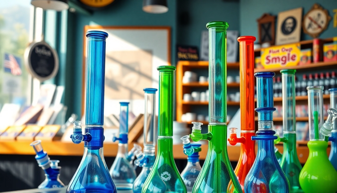 Shop our vibrant range of bongs for sale, showcasing unique designs in a trendy smoke shop.
