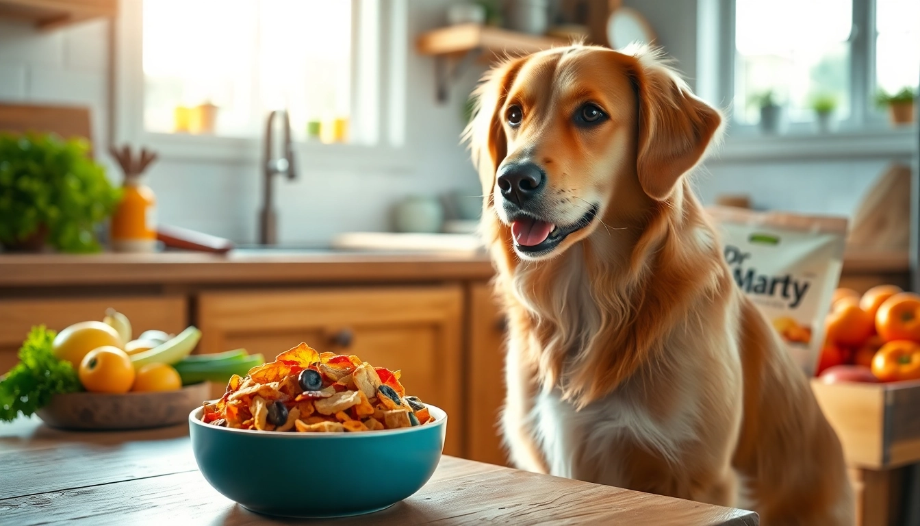 Delighted dog with Dr Marty pet food Canada in a bright kitchen setting.