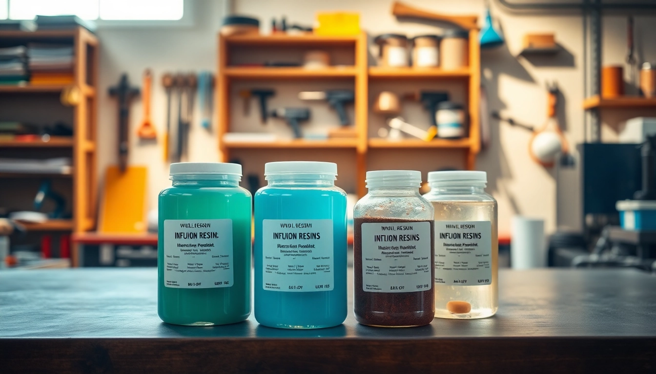 Showcase of infusion resins in a workshop, highlighting different resin types and containers.