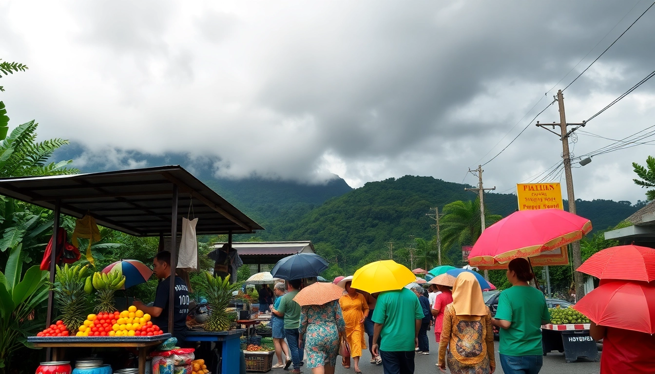 Experience Monsoon preparation Phuket with vibrant street life, colorful umbrellas, and rain-ready attire in a lively scene.