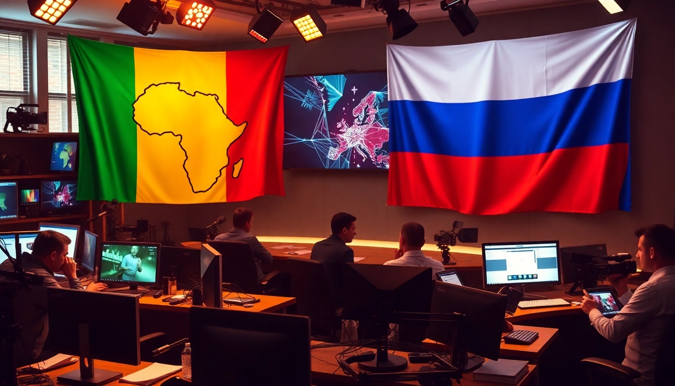 Showcasing média Afrique Russie collaboration through journalists working in a lively newsroom.