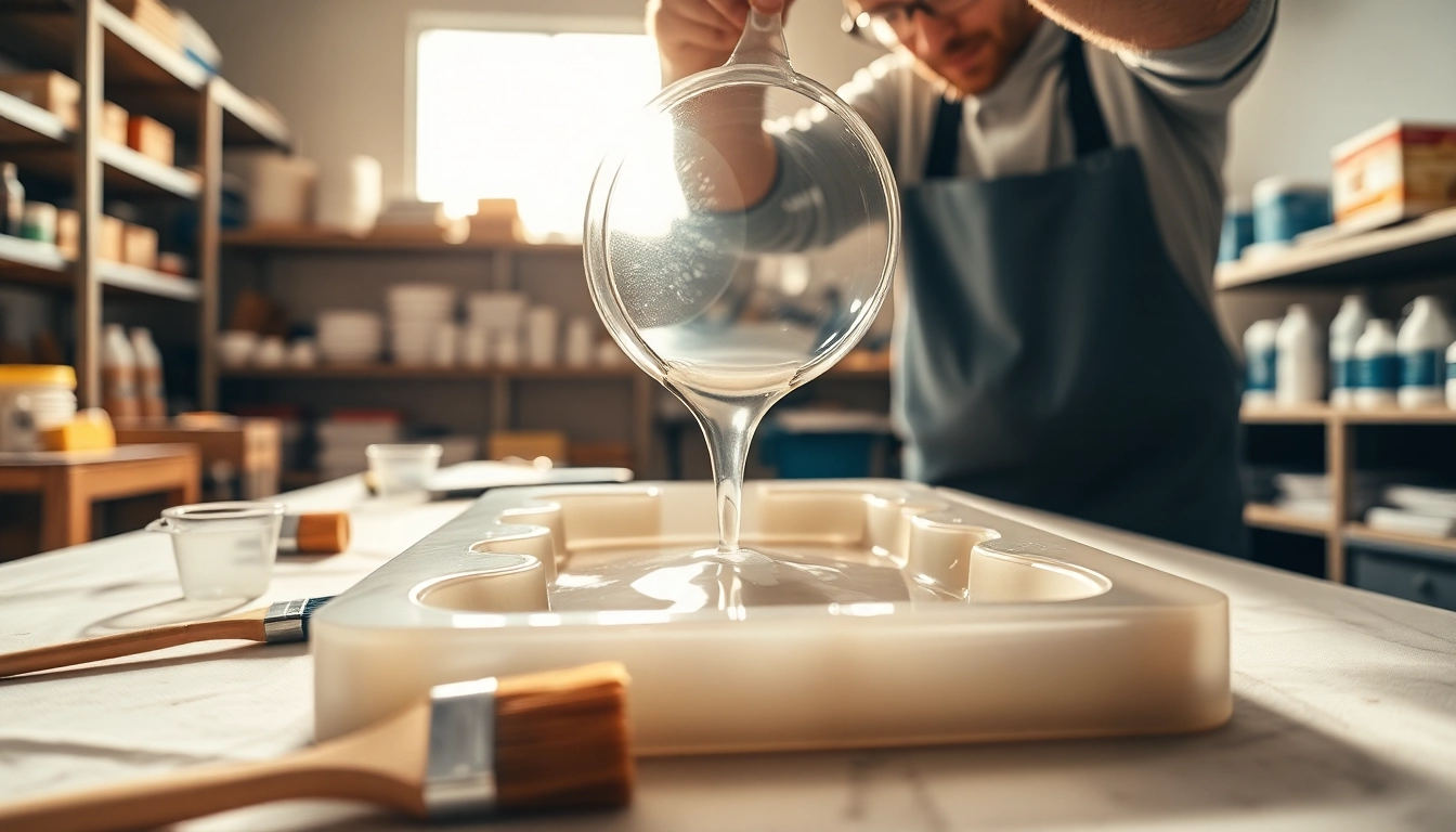 Laminating resin being expertly poured into a mold during a crafting process.