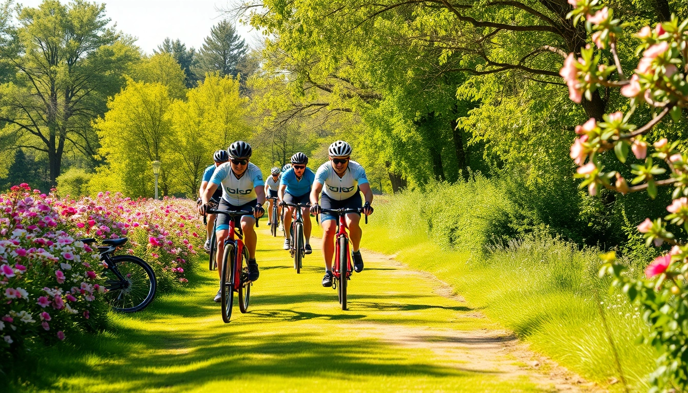 Rent a bicycle near me, cyclists enjoying a vibrant park trail surrounded by nature.