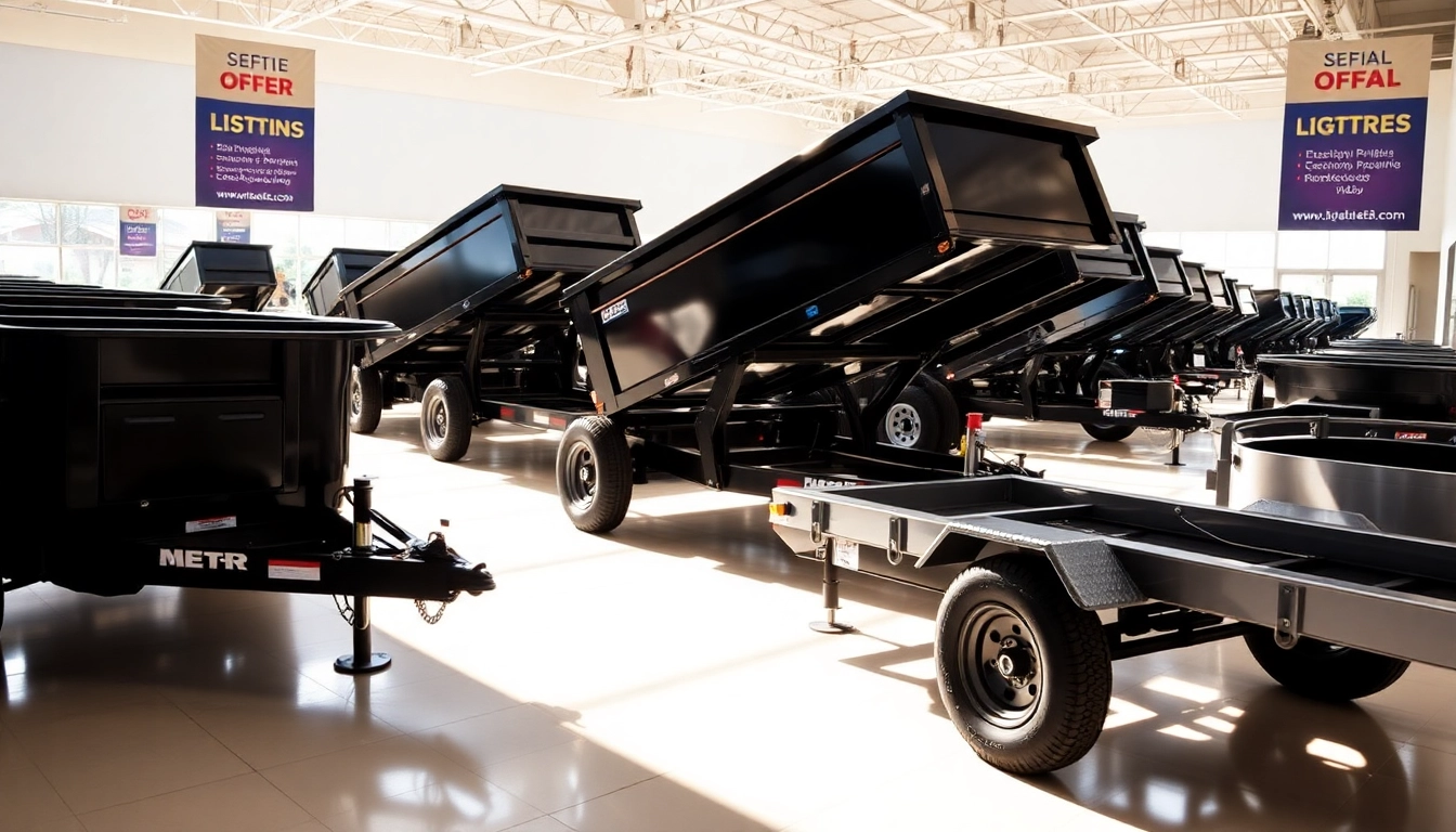 Check out premium hydraulic dump trailers for sale showcasing robust designs in a vibrant dealership setting.