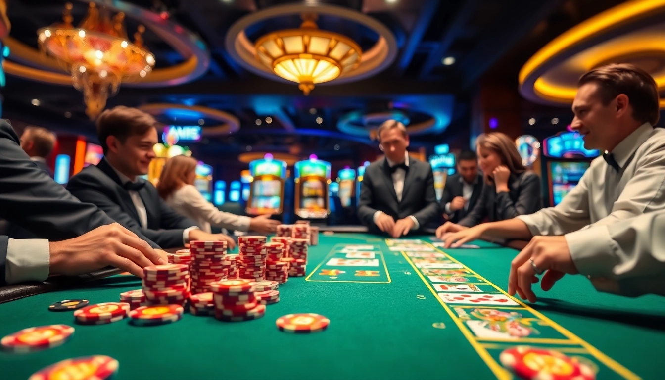 Players interacting in a vibrant Live Dealer / Slots casino atmosphere with engaging croupiers.