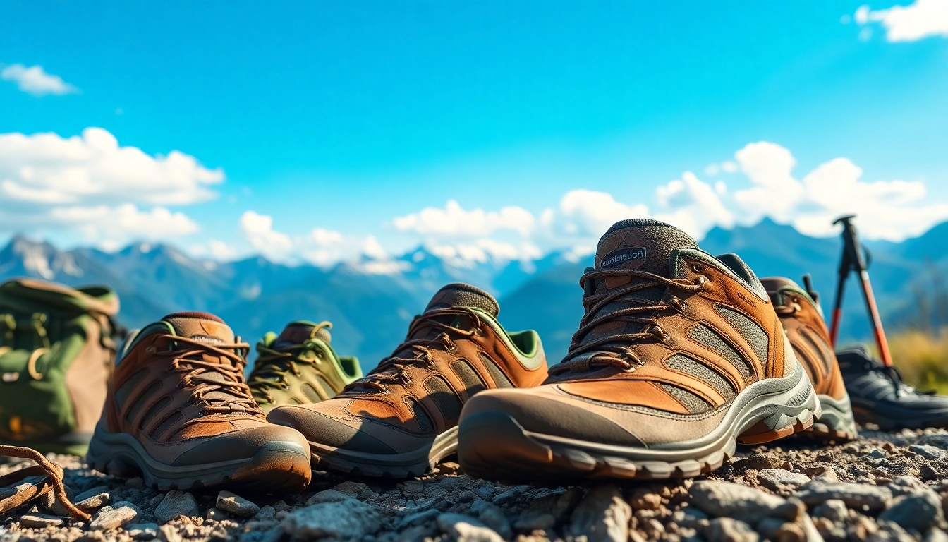 Wandelschoenen speciaalzaak met verschillende modellen in een natuurlijke omgeving.
