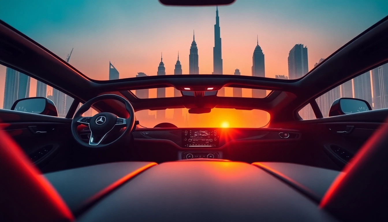 Luxury car rental dubai no deposit showcasing a sleek vehicle against Dubai's sunset skyline.
