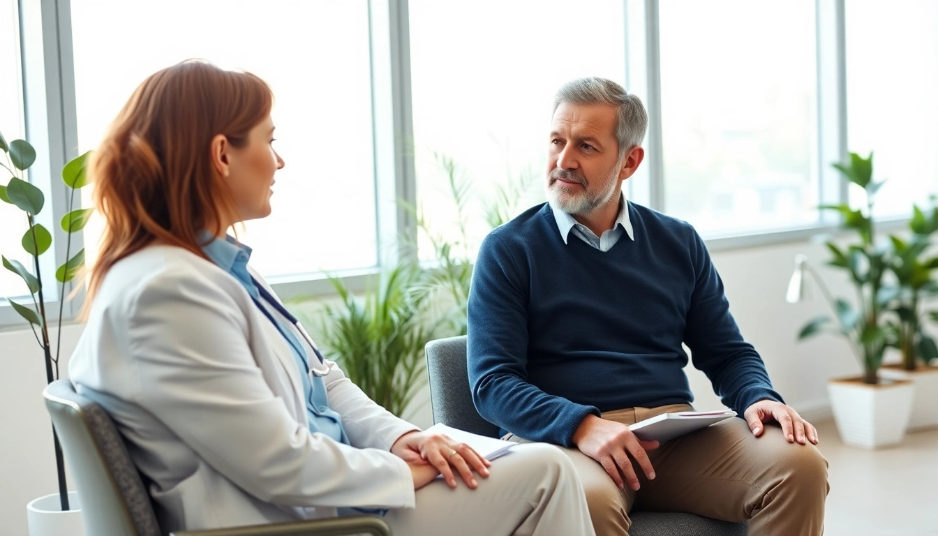 Psychiatrist conducting a consultation with a patient in a modern clinic.