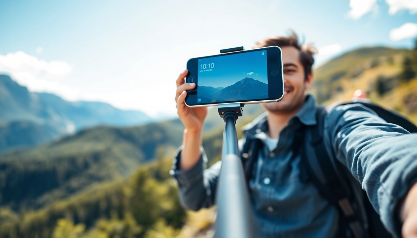 Capture a moment using a Selfie Stick against a vibrant outdoor backdrop.