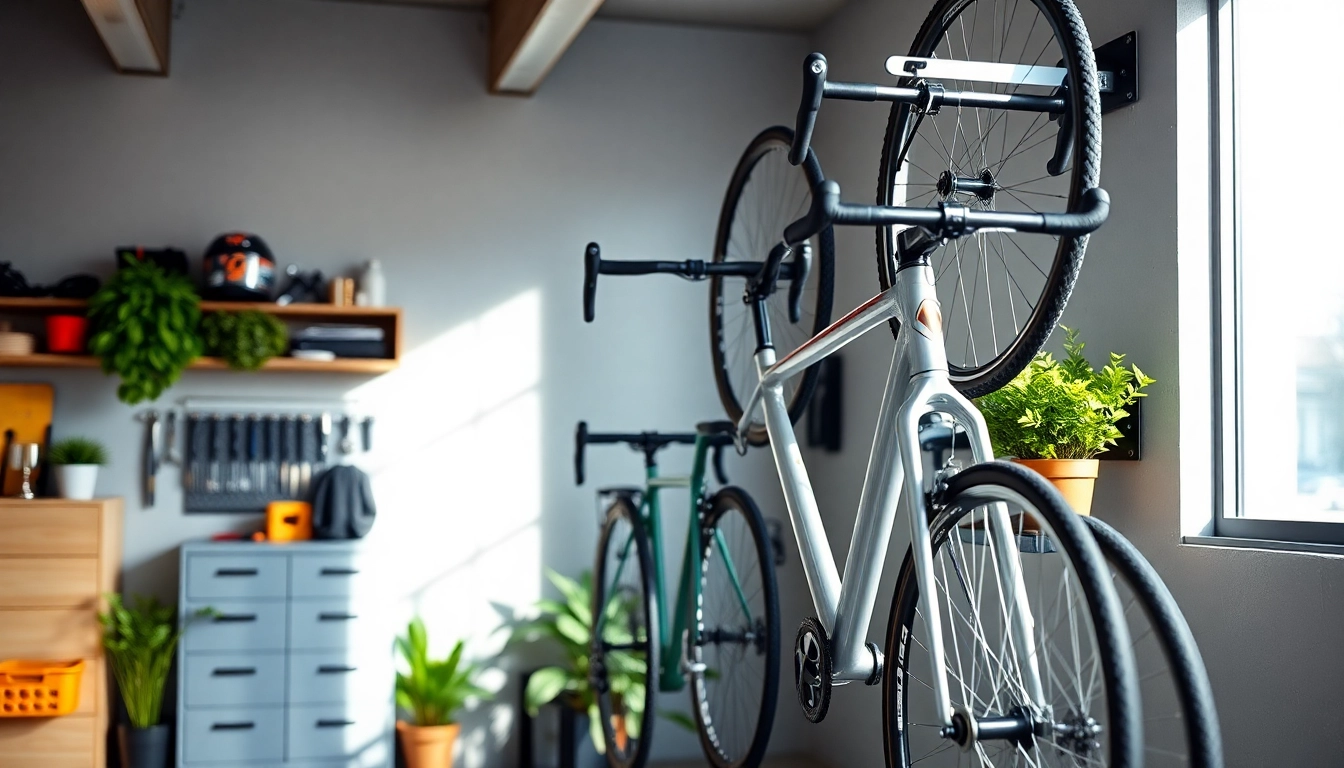 Efficient wall-mounted bike storage displays multiple bikes neatly in a modern garage.
