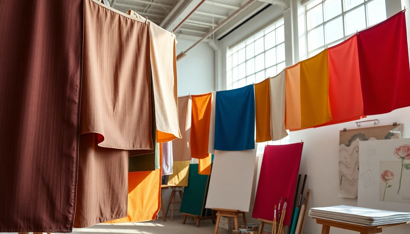 Canvas stoffen van verschillende texturen en kleuren op een artistieke werkplek bekijken