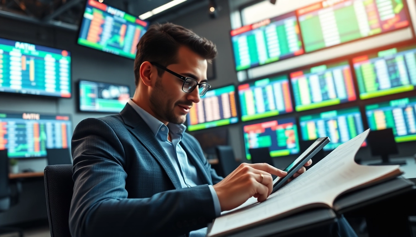 Gambling expert analyzing data with screens behind, providing Betting Tips / Expert Insights.