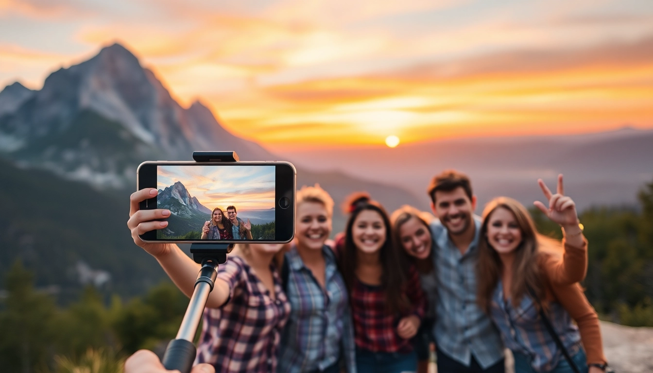 Capture memories easily with a multifunctional Selfie Stick, featuring a smartphone attached for group photos.
