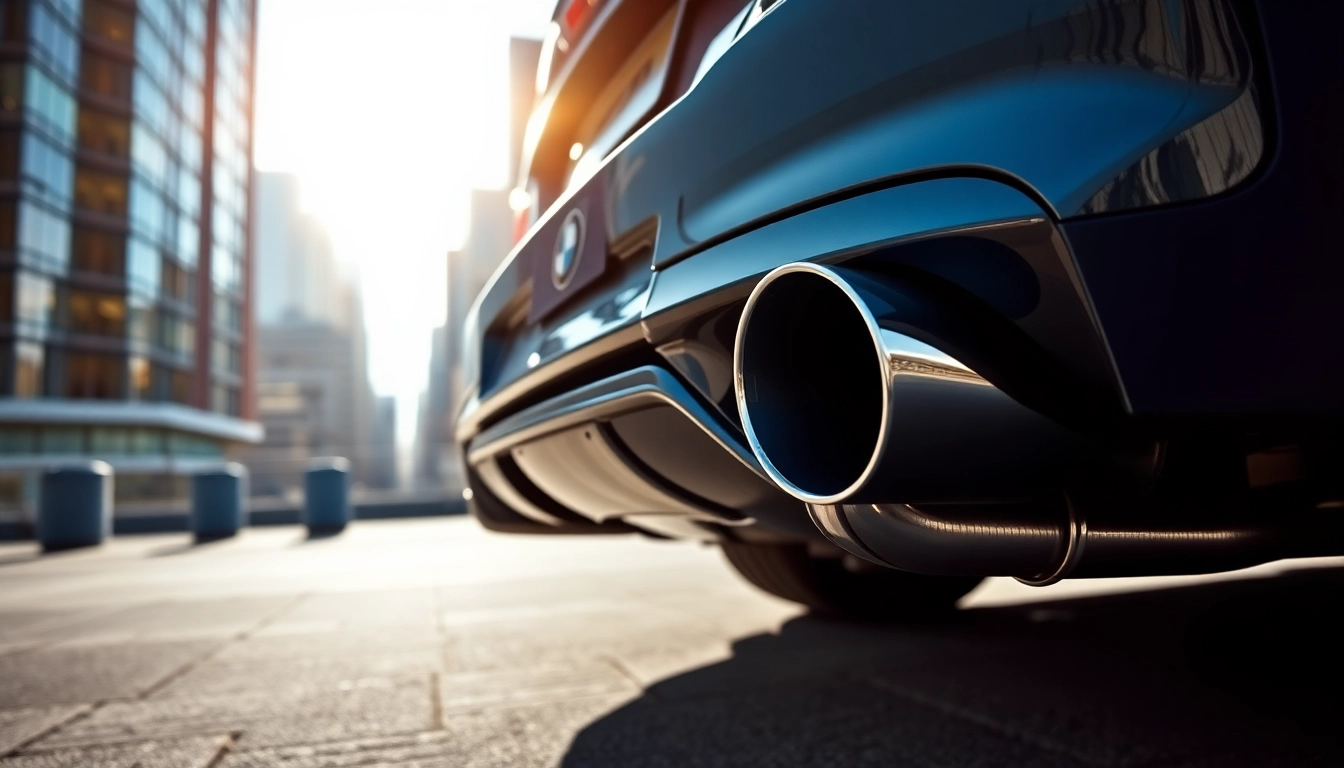 Showcase of a G82 Valved exhaust system installed on a BMW, highlighting its polished design and urban backdrop.