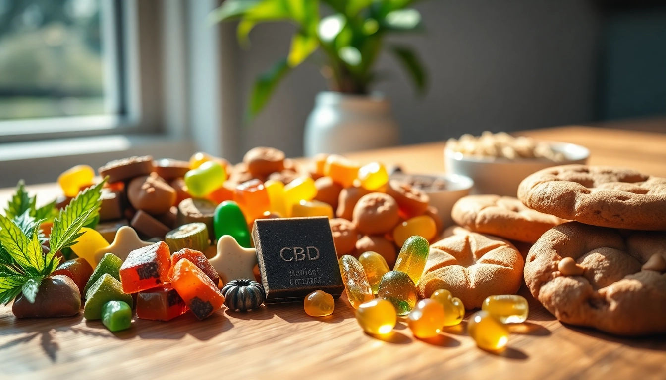 Showcase of wholesale cbd edibles including gummies, chocolates, and cookies, presented appealingly.