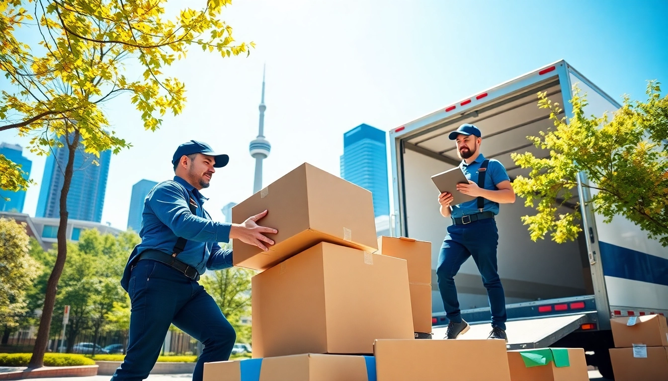 Movers efficiently working with boxes for a moving company Toronto on a sunny day in an urban setting.
