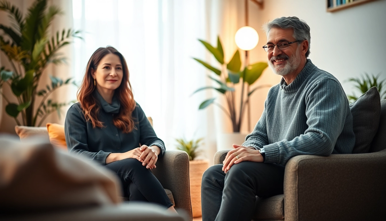Anxiety therapy session depicting a therapist and client discussing anxiety management.