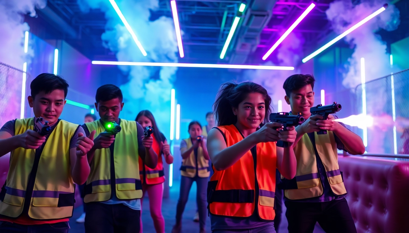 Players actively engaged in laser tag in a vibrant arena filled with colorful lights.