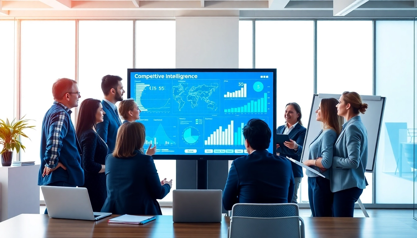 Analyze competitive intelligence insights with a professional team in a modern office.