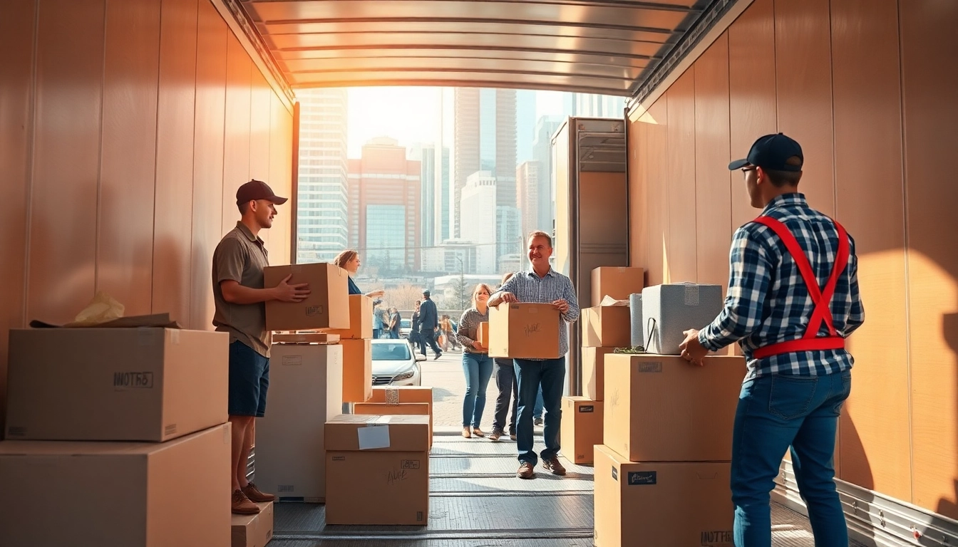 Movers Calgary diligently packing and loading items into a moving truck amidst a vibrant city backdrop.