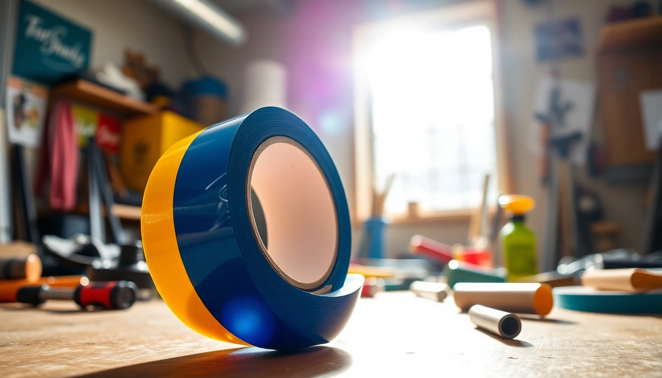 Roll of vinyl tape prominently displayed, showcasing bright colors and textures for crafting applications.