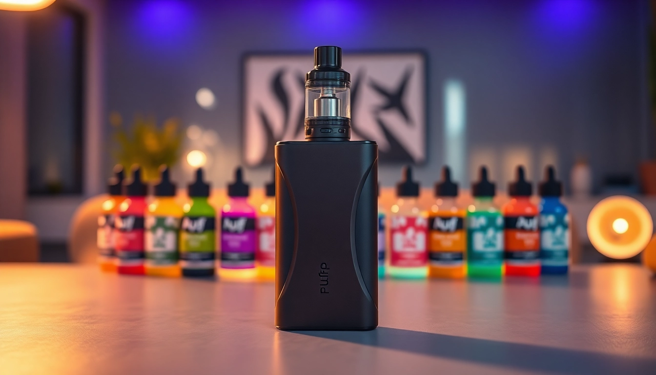 Showcase of a puff vape device and colorful e-liquid bottles highlighting modern vaping culture.