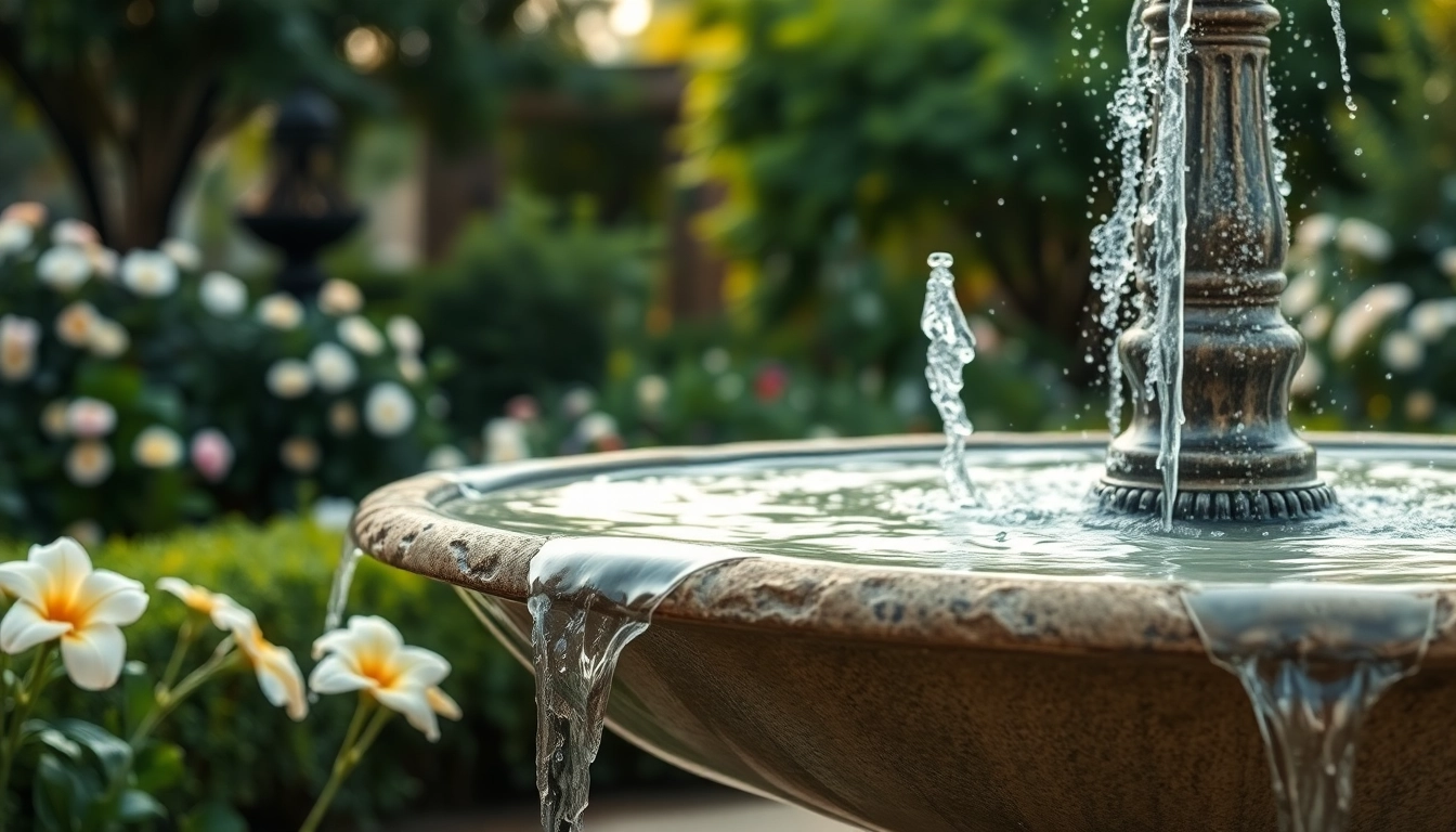 Décoration de fontaine captivante dans un jardin paisible avec des plantes luxuriantes.