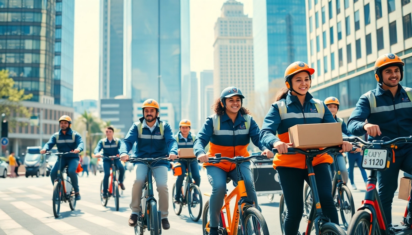 Efficient courier services delivering packages in a busy urban setting.