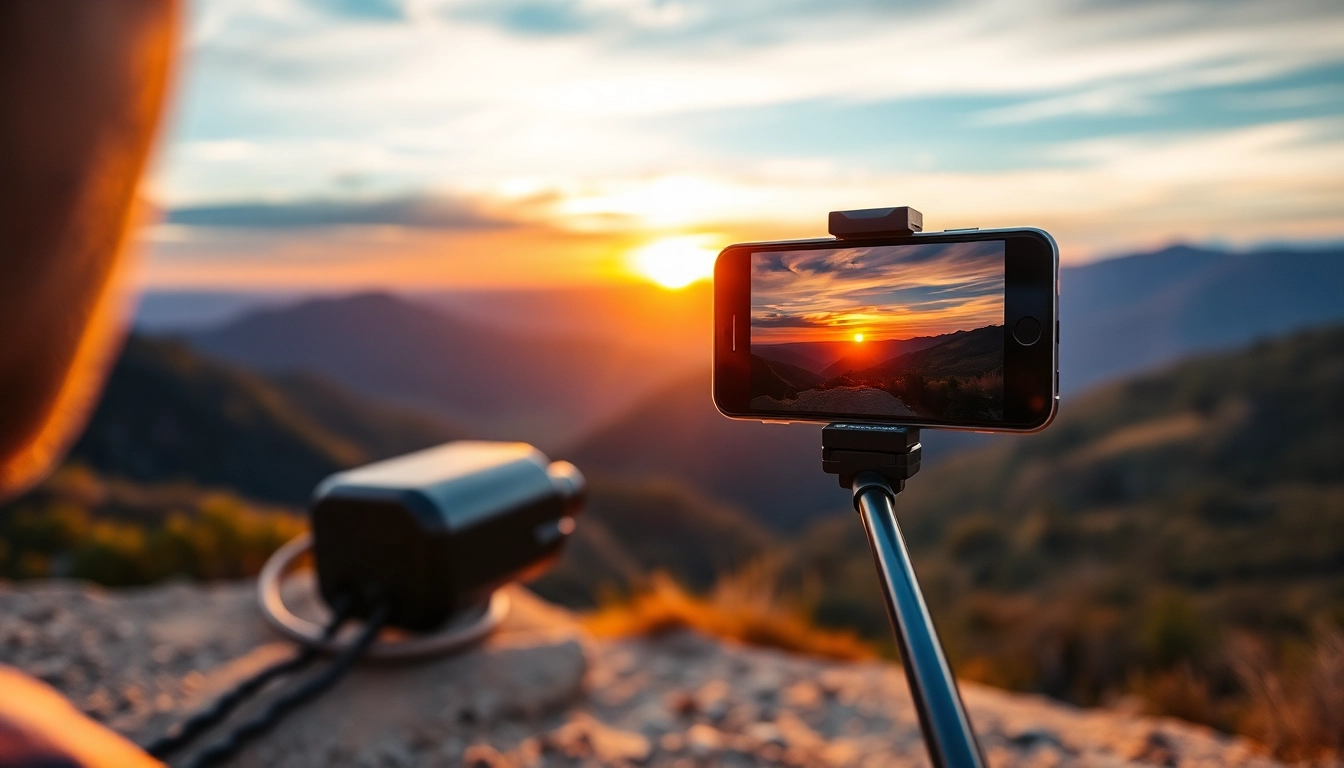 Capturing stunning views with a selfie stick during sunset in a scenic landscape.