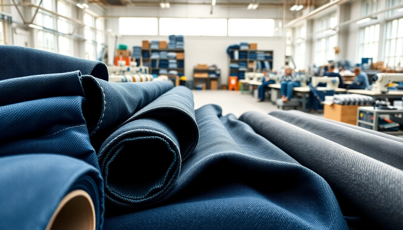 Showcase of jeans fabric manufacturers displaying varied denim textures and colors.