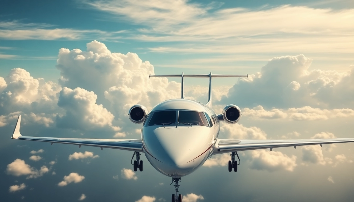 Experience the epitome of ultra luxury private aviation with a sleek aircraft soaring through a serene sky.