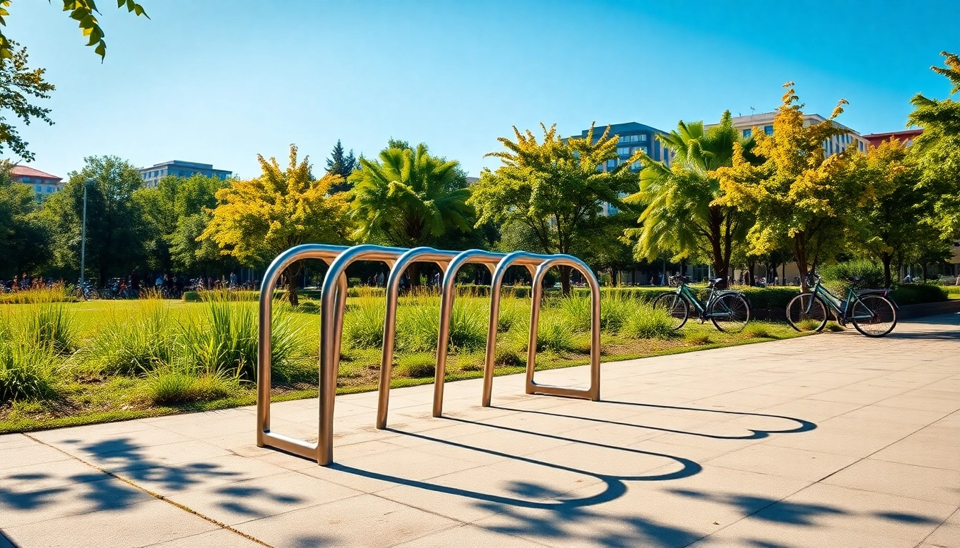 Showcasing a stylish designer bike rack amidst greenery in a park