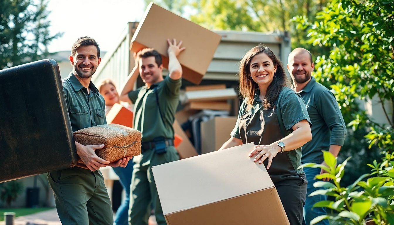 Efficient team performing junk removal near me, showcasing teamwork and a clutter-free environment in a bright setting.