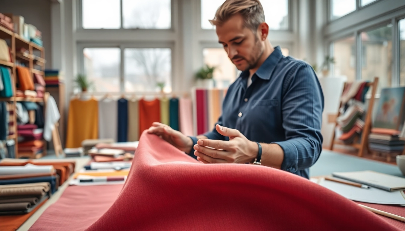Punta di Roma stof wordt bewerkt door een professionele textielontwerper in een lumineuze studio.