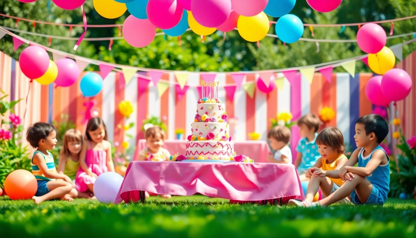 Exciting birthday parties setup with colorful decorations and children enjoying games.