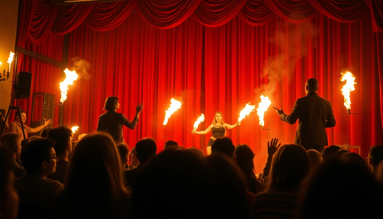 Engaging firelight theater performance showcasing vibrant actors and dynamic lighting.